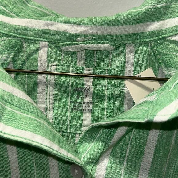 aerie S Celebrity Green White Stripe Pool-to-Party Linen Blend Cover up Shirt - Picture 16 of 17